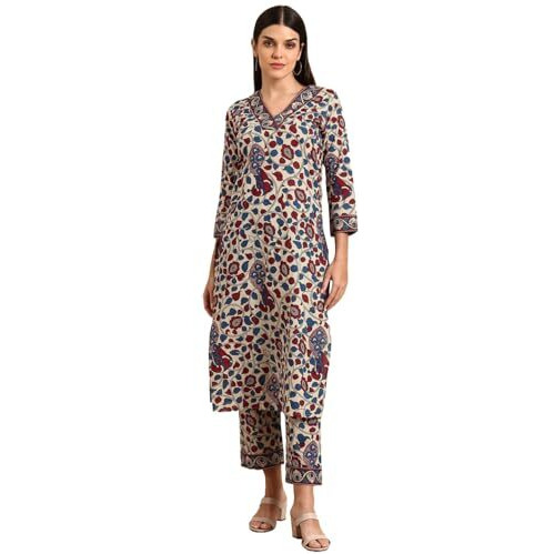 ANNI DESIGNER Women's Rayon Blend Straight Printed Kurta with Pant (Nakari Cream_XL_Cream_X-Large)