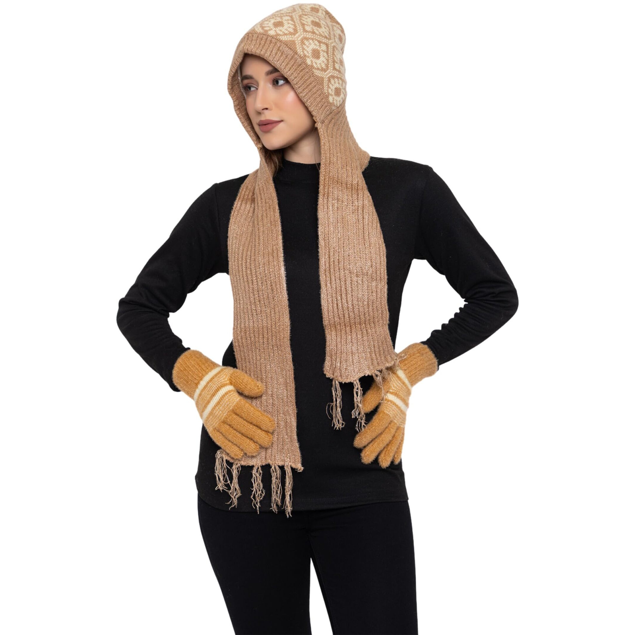 AMOLDO Women's Soft Knitted Winter Warm Woolen Cap with Woolen Lovely Muffler|Fur Cap with Muffler (Beige with Gloves)