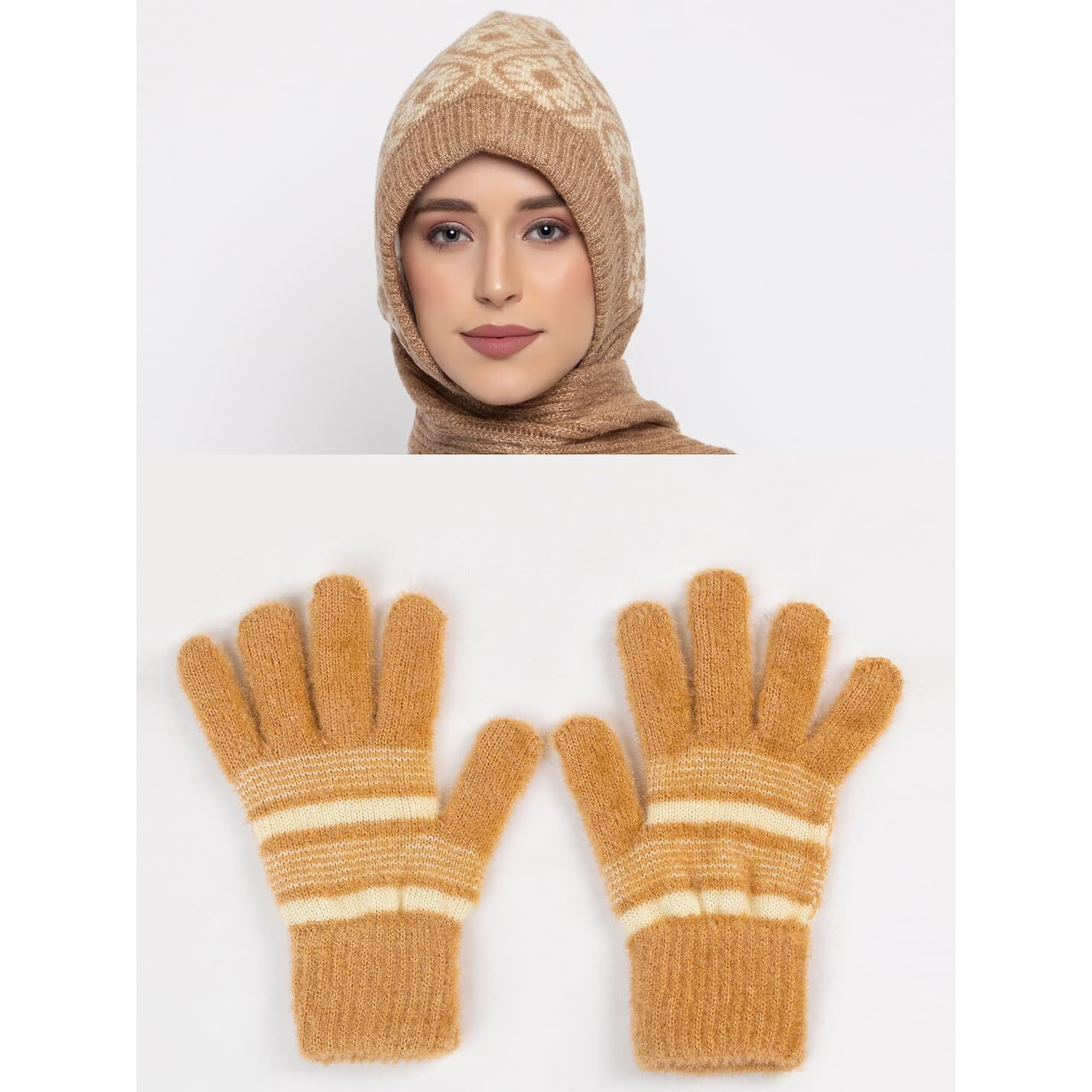 AMOLDO Women's Soft Knitted Winter Warm Woolen Cap with Woolen Lovely Muffler|Fur Cap with Muffler (Beige with Gloves)