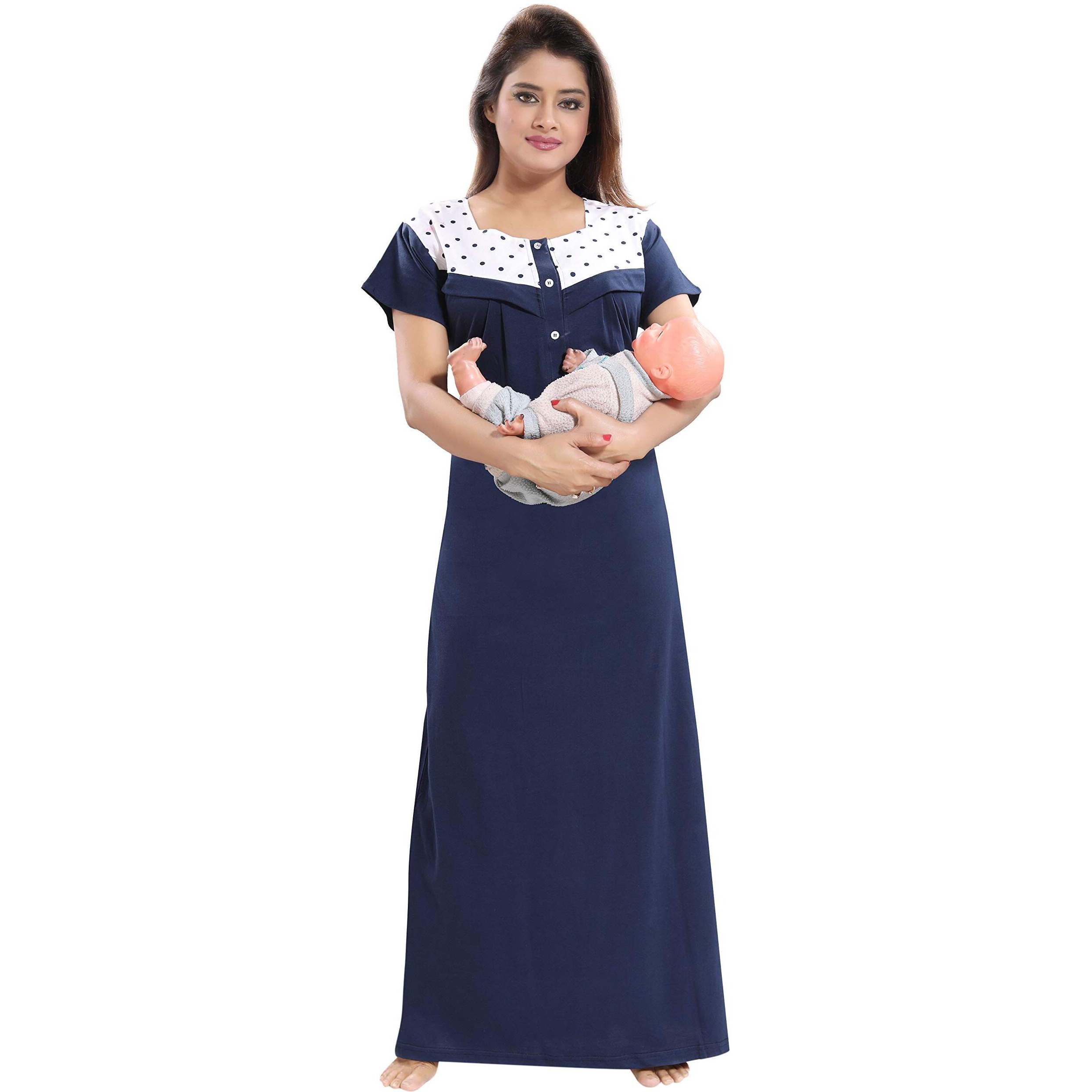Fabme Women's Cotton Polka Print Maxi Maternity/Feeding Nighty (Navy Blue_Free Size_NW0160_Navy Blue_Free Size)