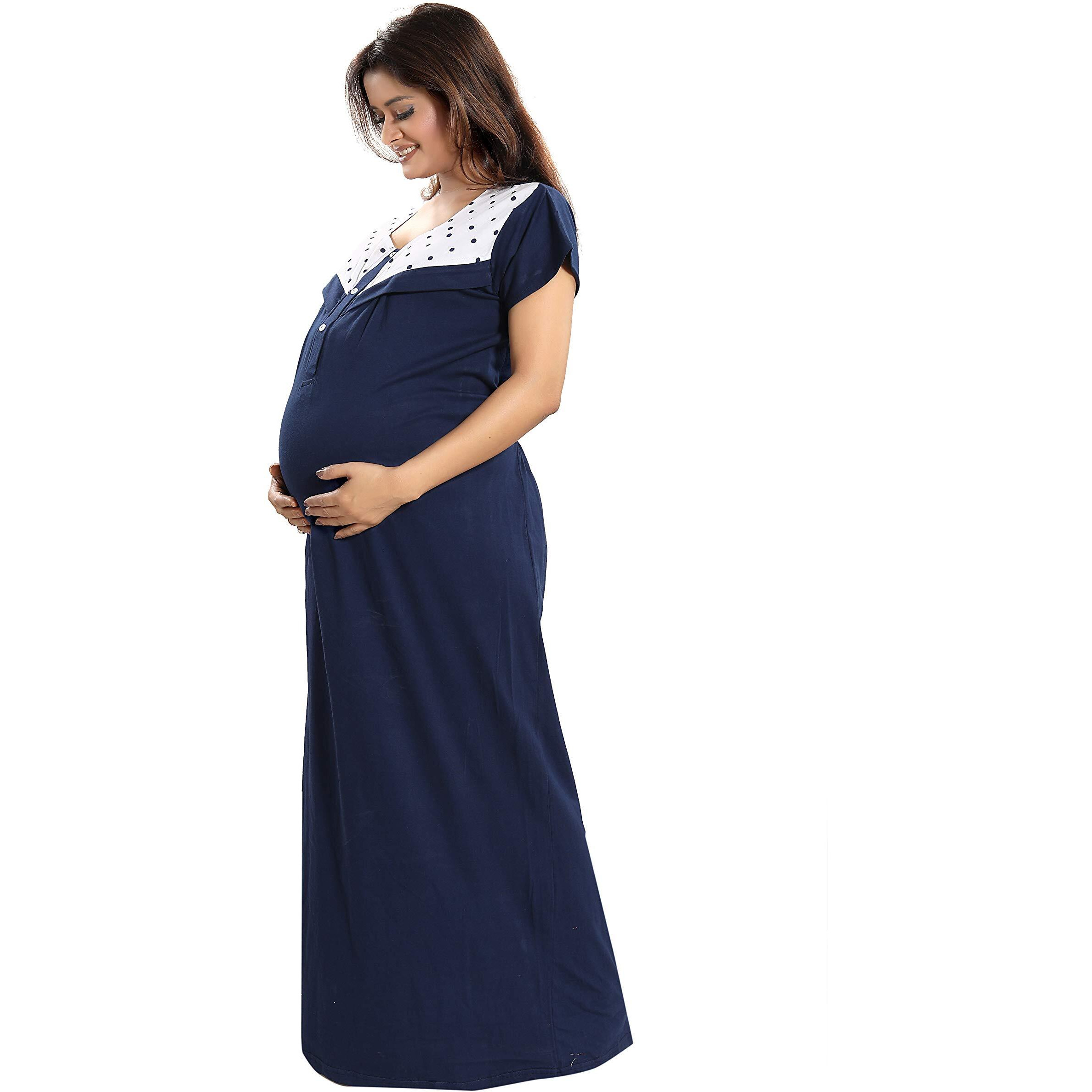 Fabme Women's Cotton Polka Print Maxi Maternity/Feeding Nighty (Navy Blue_Free Size_NW0160_Navy Blue_Free Size)