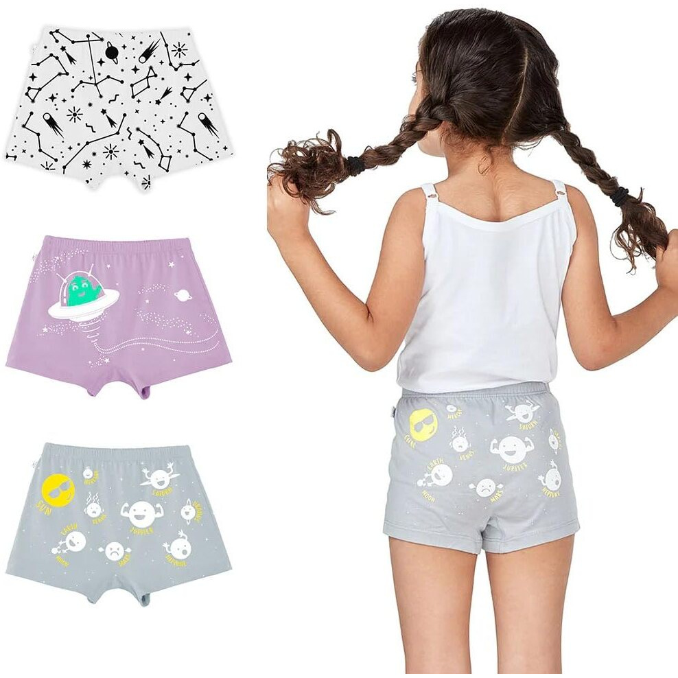 YouGotPlanB Girl's Spaced Out Boxer Boxers | Comfort Fit | 100% Cotton | No-Marks Elastic | Anti-Microbial Finish I 10-12 Years | Combo Pack of 3 Multicolour