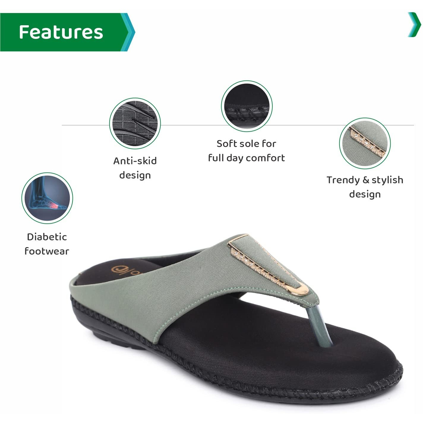 ORTHO JOY Fancy Doctor Slippers | Stylish Chappal For Women | Comfortable Flat Sandals For Women Stylish (Green)