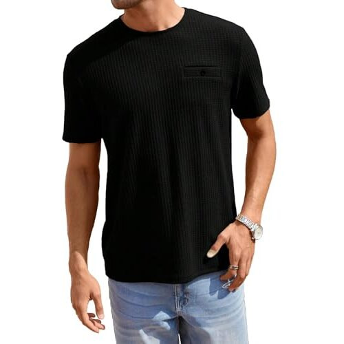 TAGDO Men's Waffle Knitted Crew Neck Regular Fit Tees (Waffle-5154-Black-L)