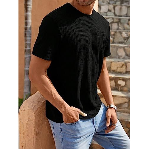 TAGDO Men's Waffle Knitted Crew Neck Regular Fit Tees (Waffle-5154-Black-L)