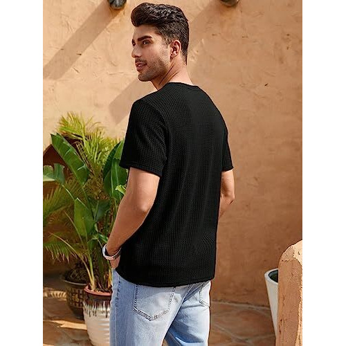 TAGDO Men's Waffle Knitted Crew Neck Regular Fit Tees (Waffle-5154-Black-L)