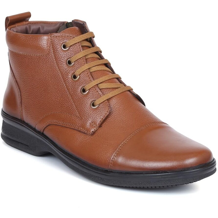 Zoom Shoes High Ankle Genuine Leather Shoes For Men ZA-1165 | Super Comfortable Anti-slip Hiking Boots With Cushioned Insole (Tan, 6)