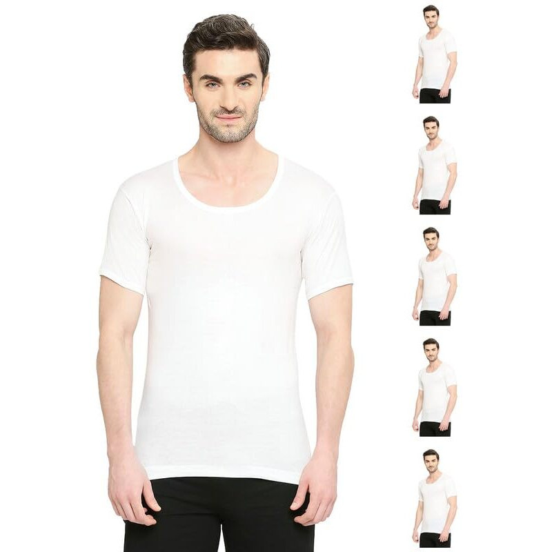 VIP Bonus Classic Men Round Neck Premium Cotton Vest with Sleeves, 100% Pure Combed Cotton, Antibacterial and Odour Control Vest for Mens- Pack of 6, 4XL/110 cm (White)