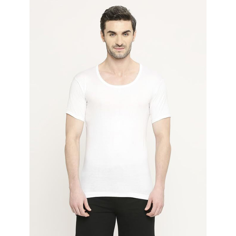 VIP Bonus Classic Men Round Neck Premium Cotton Vest with Sleeves, 100% Pure Combed Cotton, Antibacterial and Odour Control Vest for Mens- Pack of 6, 4XL/110 cm (White)