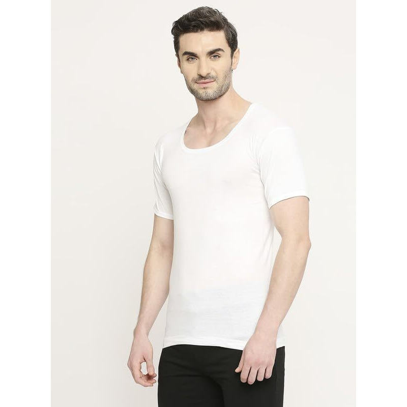 VIP Bonus Classic Men Round Neck Premium Cotton Vest with Sleeves, 100% Pure Combed Cotton, Antibacterial and Odour Control Vest for Mens- Pack of 6, 4XL/110 cm (White)