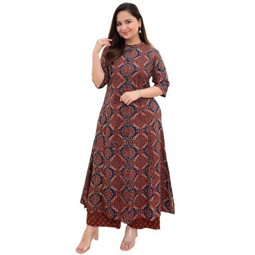 ANNI DESIGNER Women's Cotton Blend Straight Printed Kurta with Palazzo (ABP Maroon-NW_S_Wine_Small)