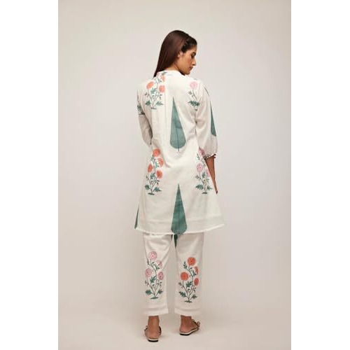 Leriya Fashion Casual Standard Length Rayon Floral Ethnic Co-ord Kurta Set for Women (Available in 2XL and 3XL) (LF-W1964&TR979_White_M)