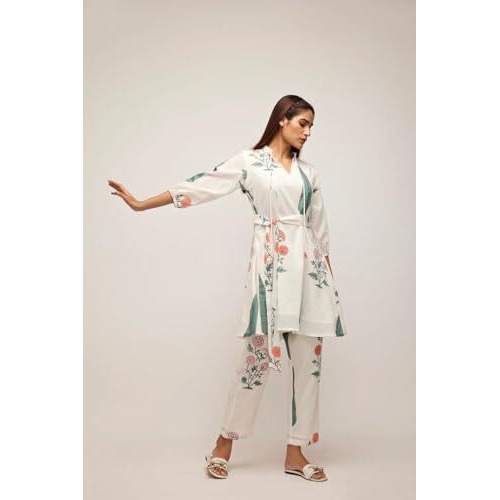 Leriya Fashion Casual Standard Length Rayon Floral Ethnic Co-ord Kurta Set for Women (Available in 2XL and 3XL) (LF-W1964&TR979_White_M)