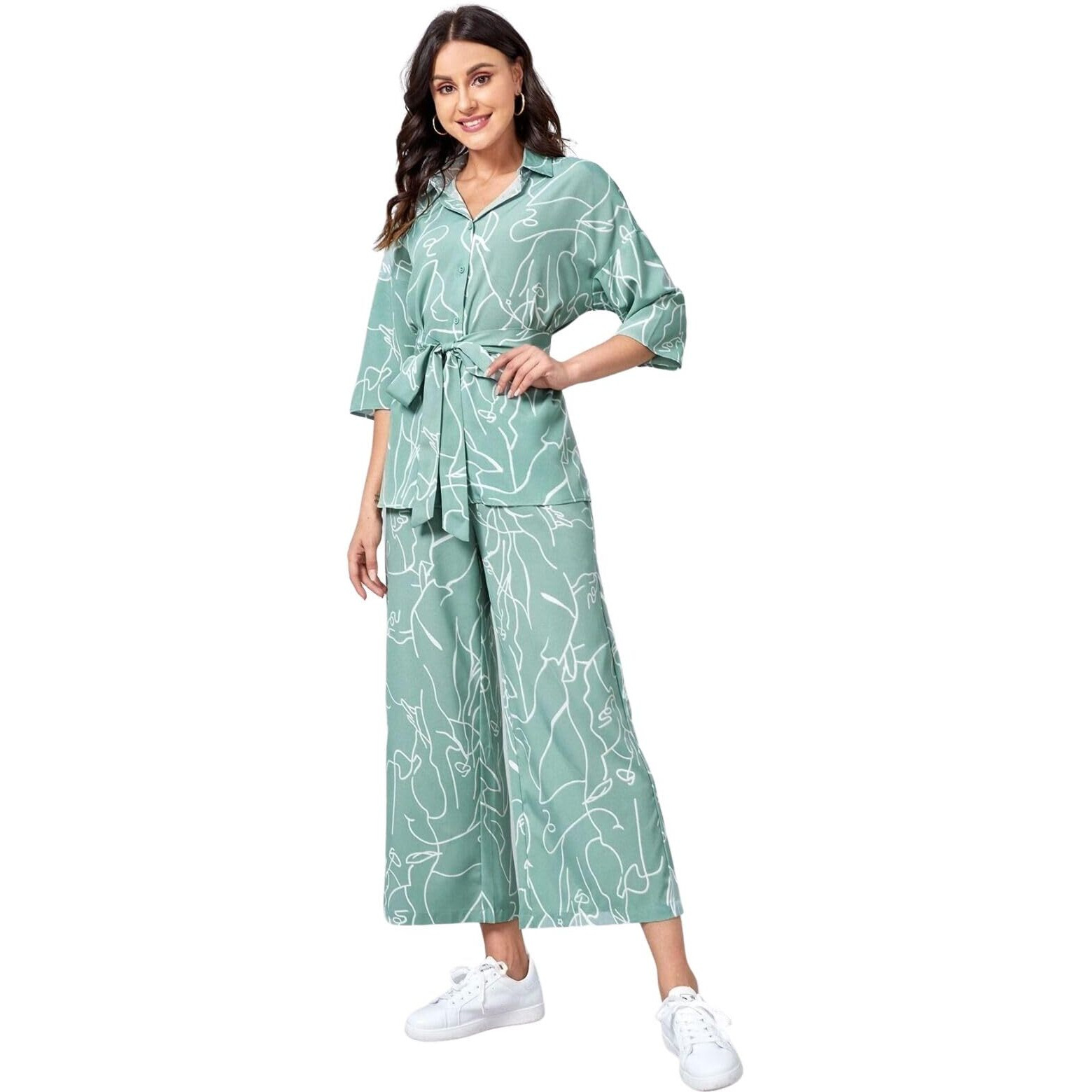 GRECIILOOKS Women Co Ord Set| Collared Self Belted Allover Print| Half Sleeve Shirt| Straight Shirt with Belt| Women Two-Piece Outfits| Summer Wear| Outdoor Wear (X-Large, Light Green)