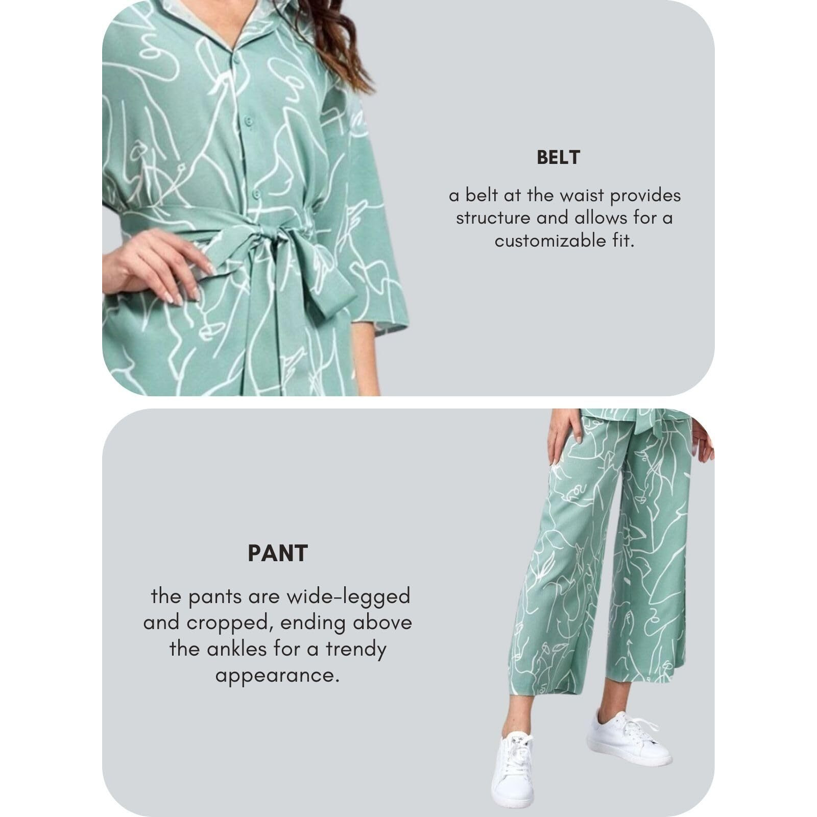GRECIILOOKS Women Co Ord Set| Collared Self Belted Allover Print| Half Sleeve Shirt| Straight Shirt with Belt| Women Two-Piece Outfits| Summer Wear| Outdoor Wear (X-Large, Light Green)