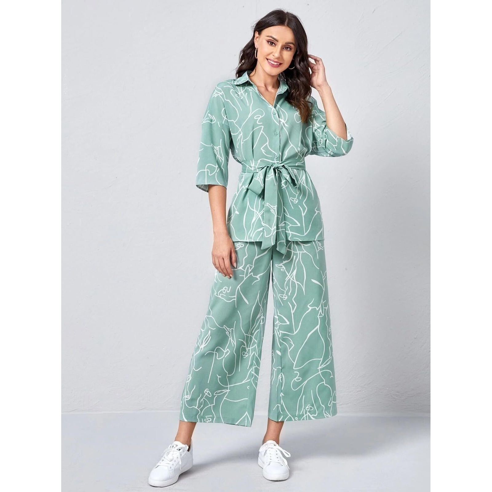 GRECIILOOKS Women Co Ord Set| Collared Self Belted Allover Print| Half Sleeve Shirt| Straight Shirt with Belt| Women Two-Piece Outfits| Summer Wear| Outdoor Wear (X-Large, Light Green)