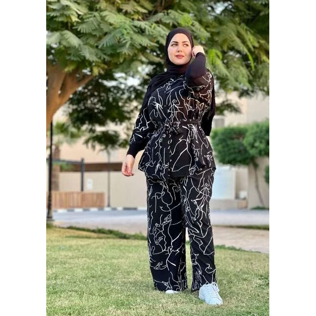 GRECIILOOKS Women Co Ord Set| Collared Self Belted Allover Print| Half Sleeve Shirt| Straight Shirt with Belt| Women Two-Piece Outfits| Summer Wear| Outdoor Wear (Medium, Black)