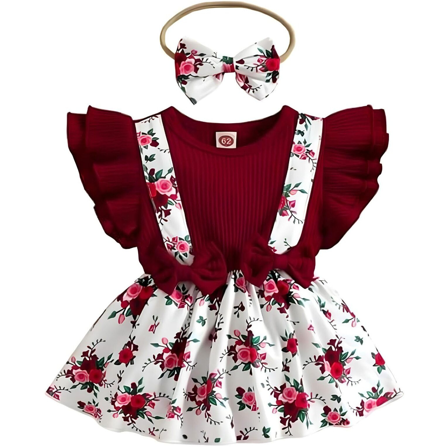 Niren Enterprise Baby Girls Modal Febric Floral Printed Stratchable Maroon Dungaree Frock (FIREFINCH Frock, 9-12 Months) Maroon