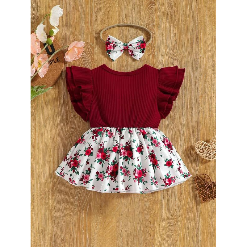Niren Enterprise Baby Girls Modal Febric Floral Printed Stratchable Maroon Dungaree Frock (FIREFINCH Frock, 9-12 Months) Maroon