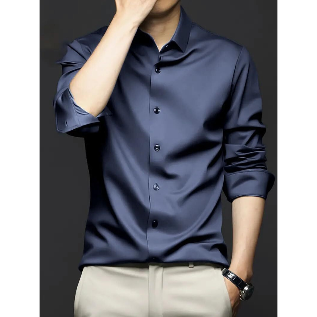 IndoPrimo Men's Stylish Solid Satin Casual Shirt for Men Full Sleeve (in, Alpha, XL, Regular, Navy)