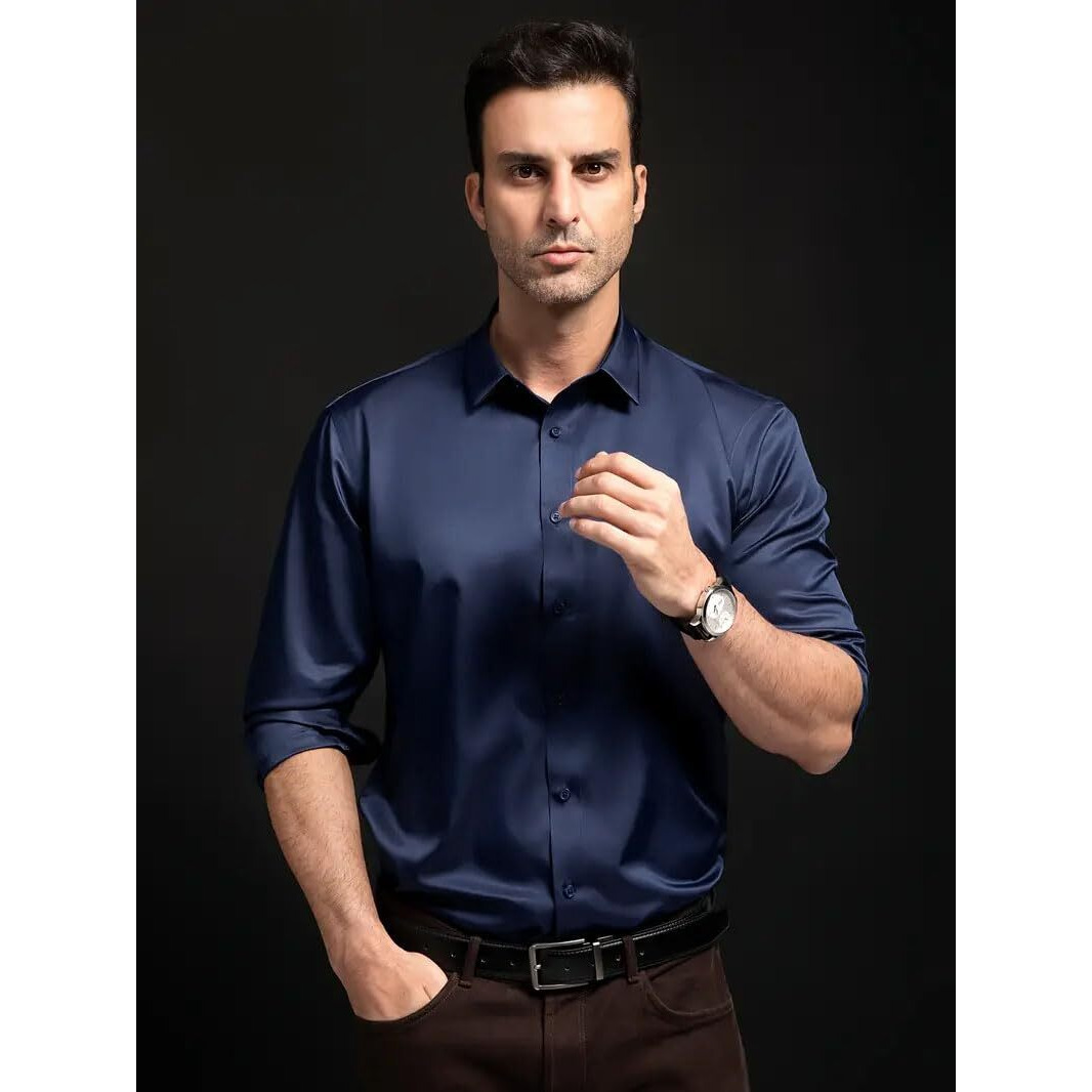 IndoPrimo Men's Stylish Solid Satin Casual Shirt for Men Full Sleeve (in, Alpha, XL, Regular, Navy)