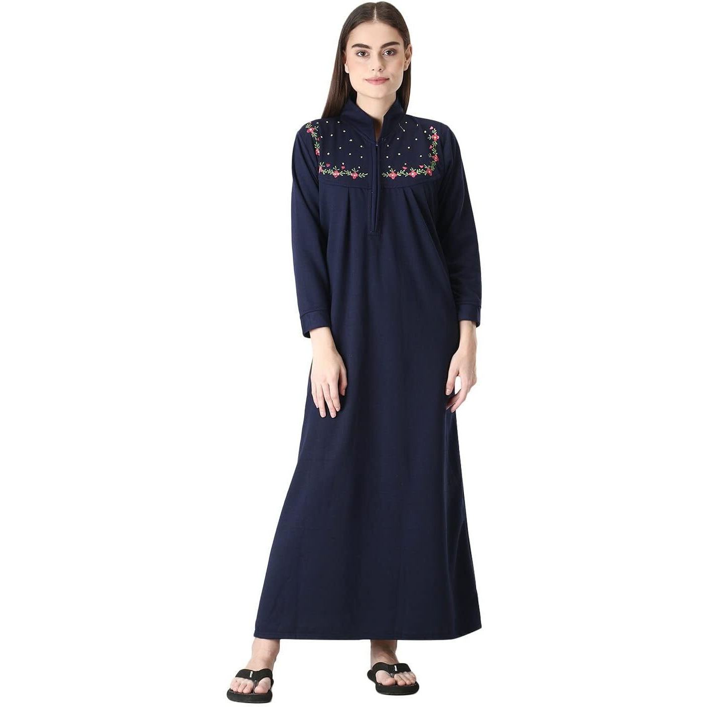 Glossia Fashion Dark Blue Solid Embroidered Warm Fleece Fabric Women Maxi Woolen Nighty/Night Gown(Free Size WNTY-D18-NBL)