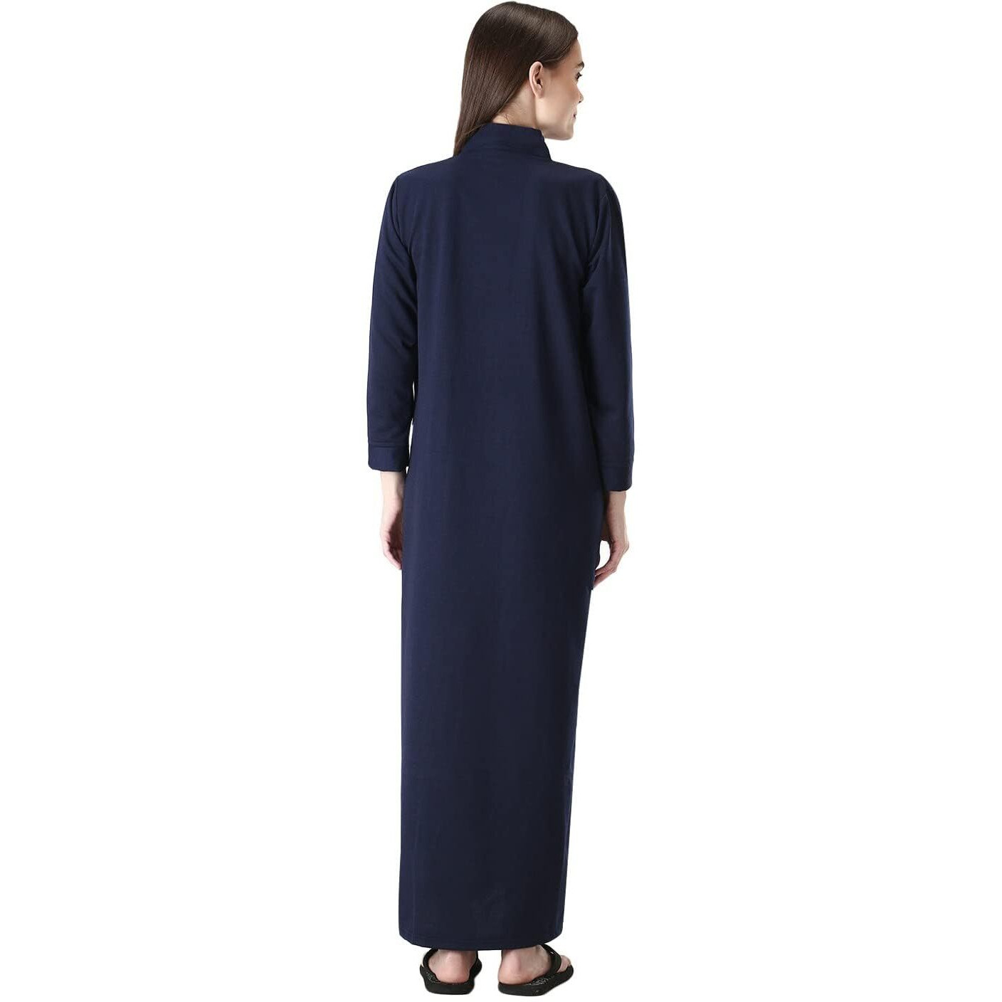 Glossia Fashion Dark Blue Solid Embroidered Warm Fleece Fabric Women Maxi Woolen Nighty/Night Gown(Free Size WNTY-D18-NBL)