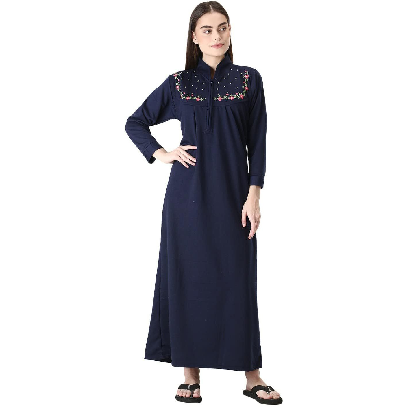 Glossia Fashion Dark Blue Solid Embroidered Warm Fleece Fabric Women Maxi Woolen Nighty/Night Gown(Free Size WNTY-D18-NBL)