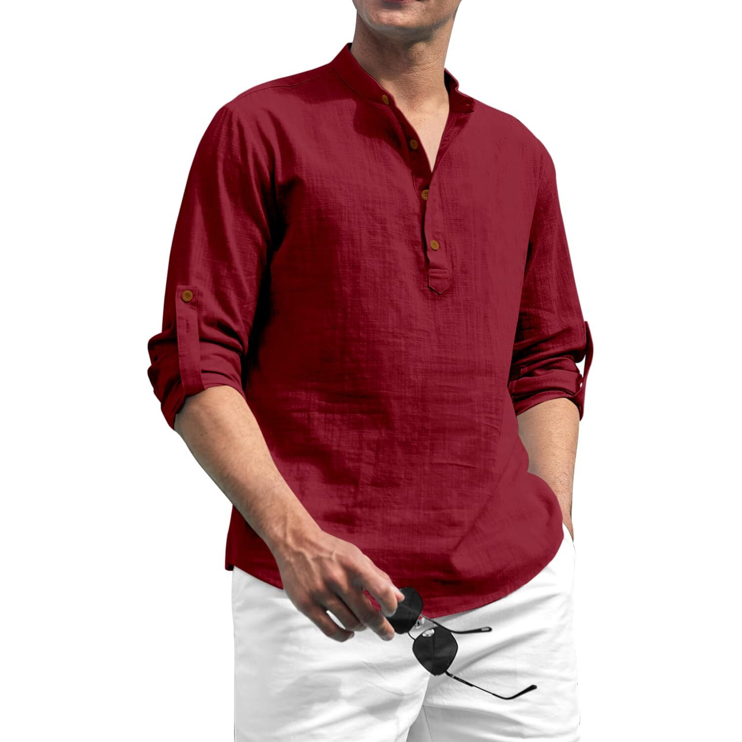 Zombom Cotton Blend Solid Casual Regular Fit Mandarin/Chinese Collor Short Kurta for Men Maroon