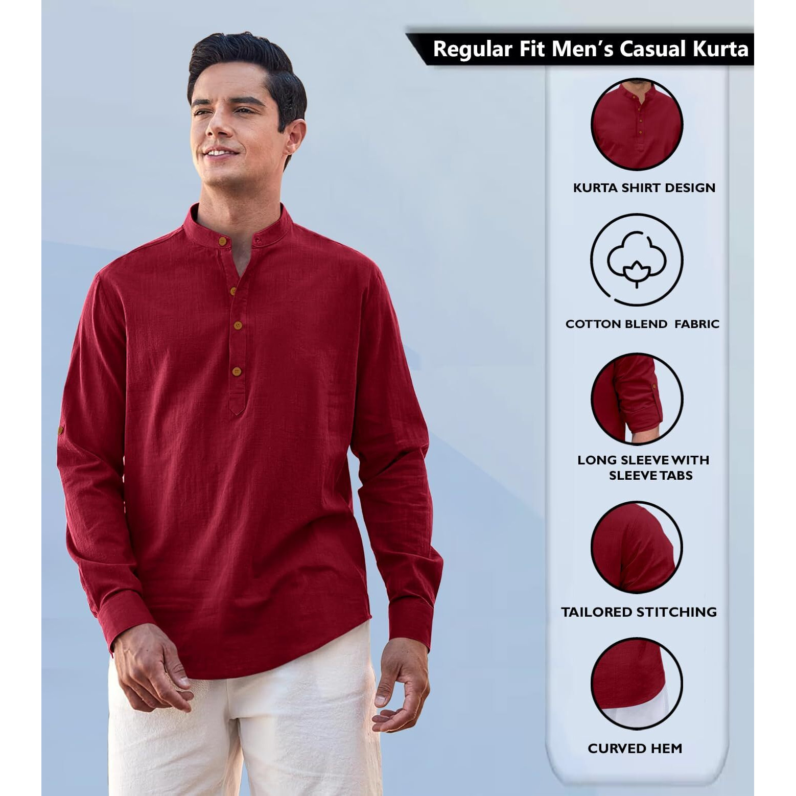 Zombom Cotton Blend Solid Casual Regular Fit Mandarin/Chinese Collor Short Kurta for Men Maroon