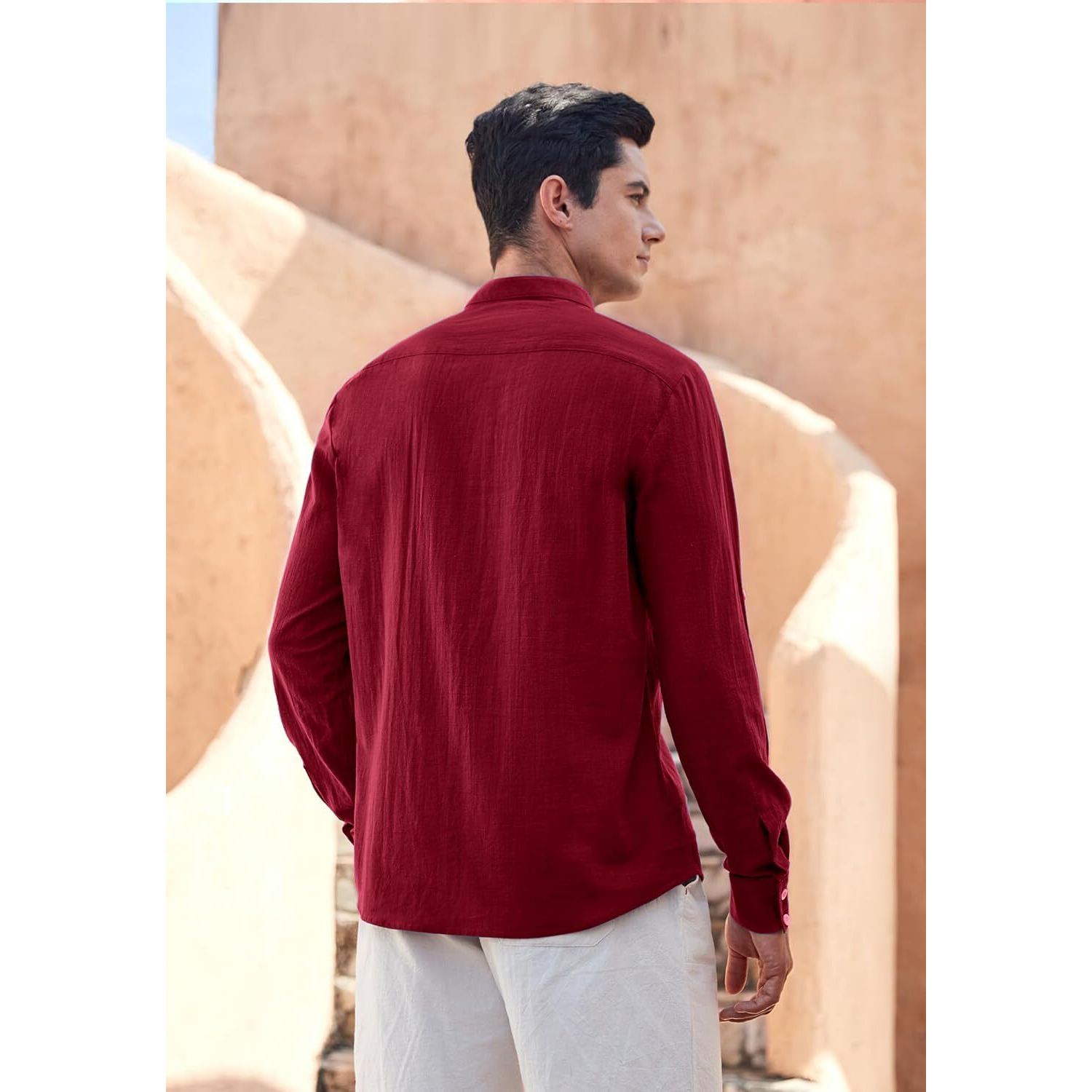 Zombom Cotton Blend Solid Casual Regular Fit Mandarin/Chinese Collor Short Kurta for Men Maroon