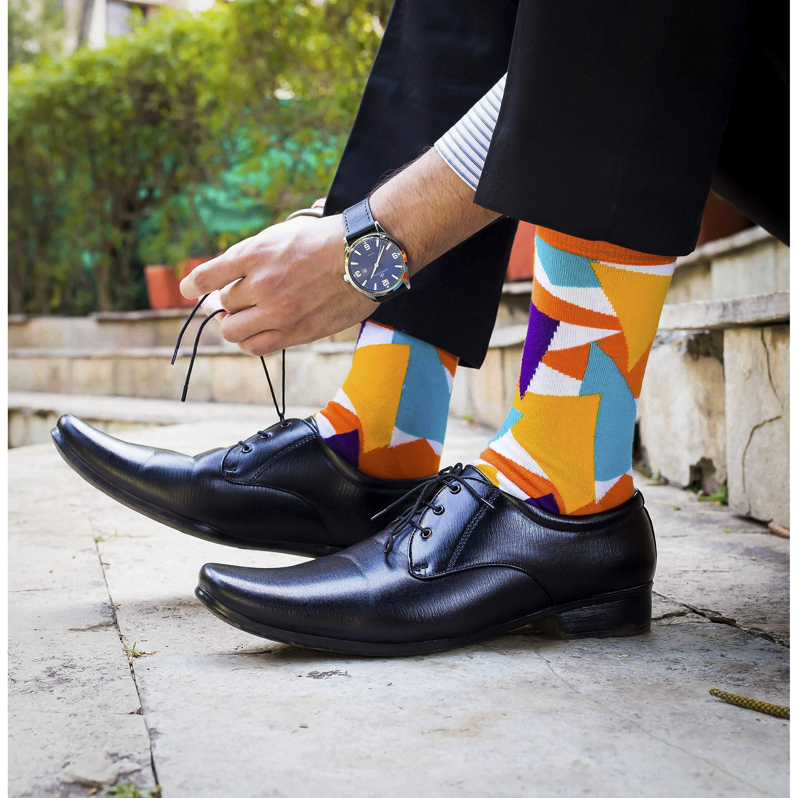 DYNAMOCKS Men's and Women's Combed Cotton Crew Length Socks (Pack of 4) (Pizzazz + Cube + Sprinkles + Prism, Multicolour, Free Size)