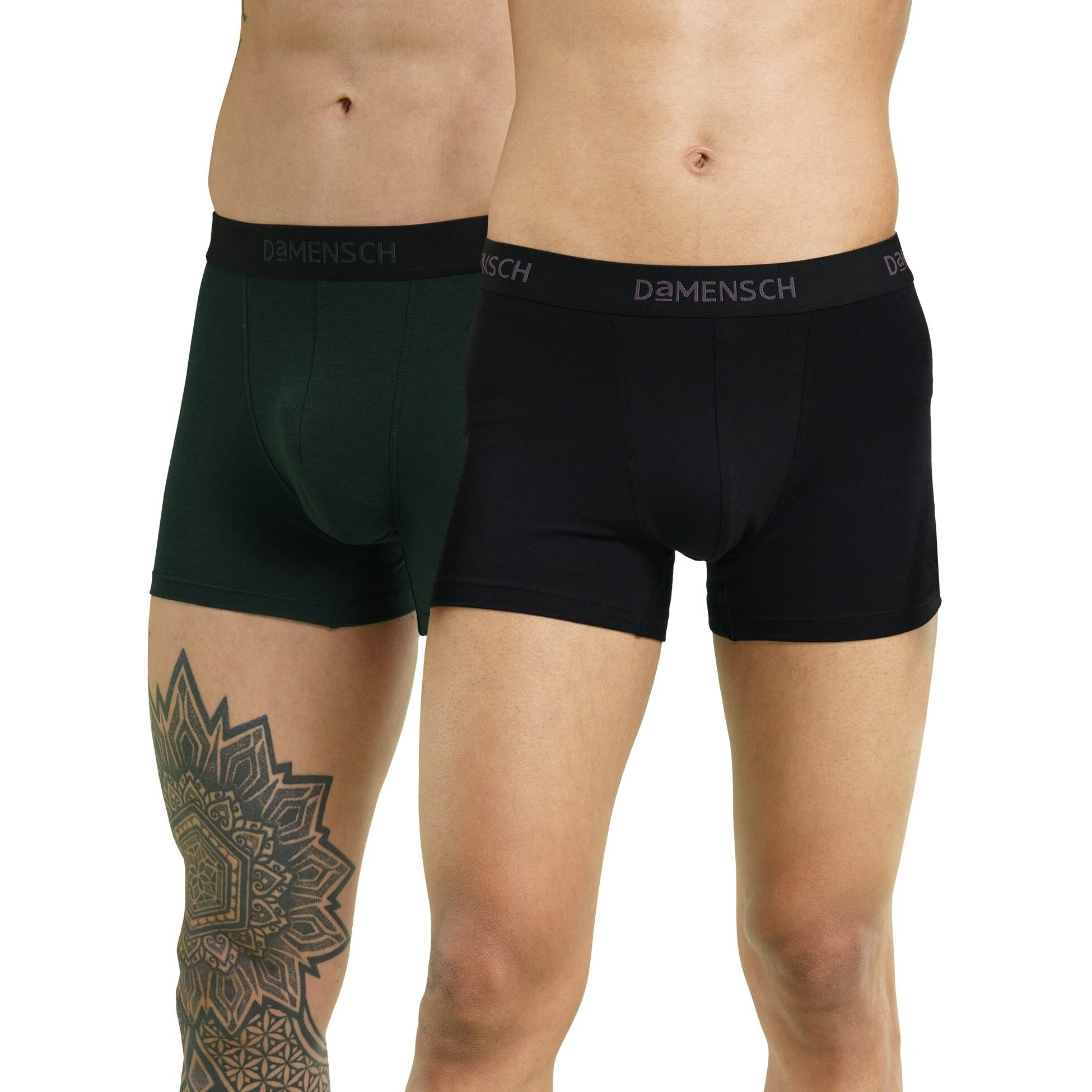 DAMENSCH Mens Premium Cotton Solid Trunks ReFRSH Single of Peppermint Powered-Pack of 2-Jet Black,Pine Green-Large