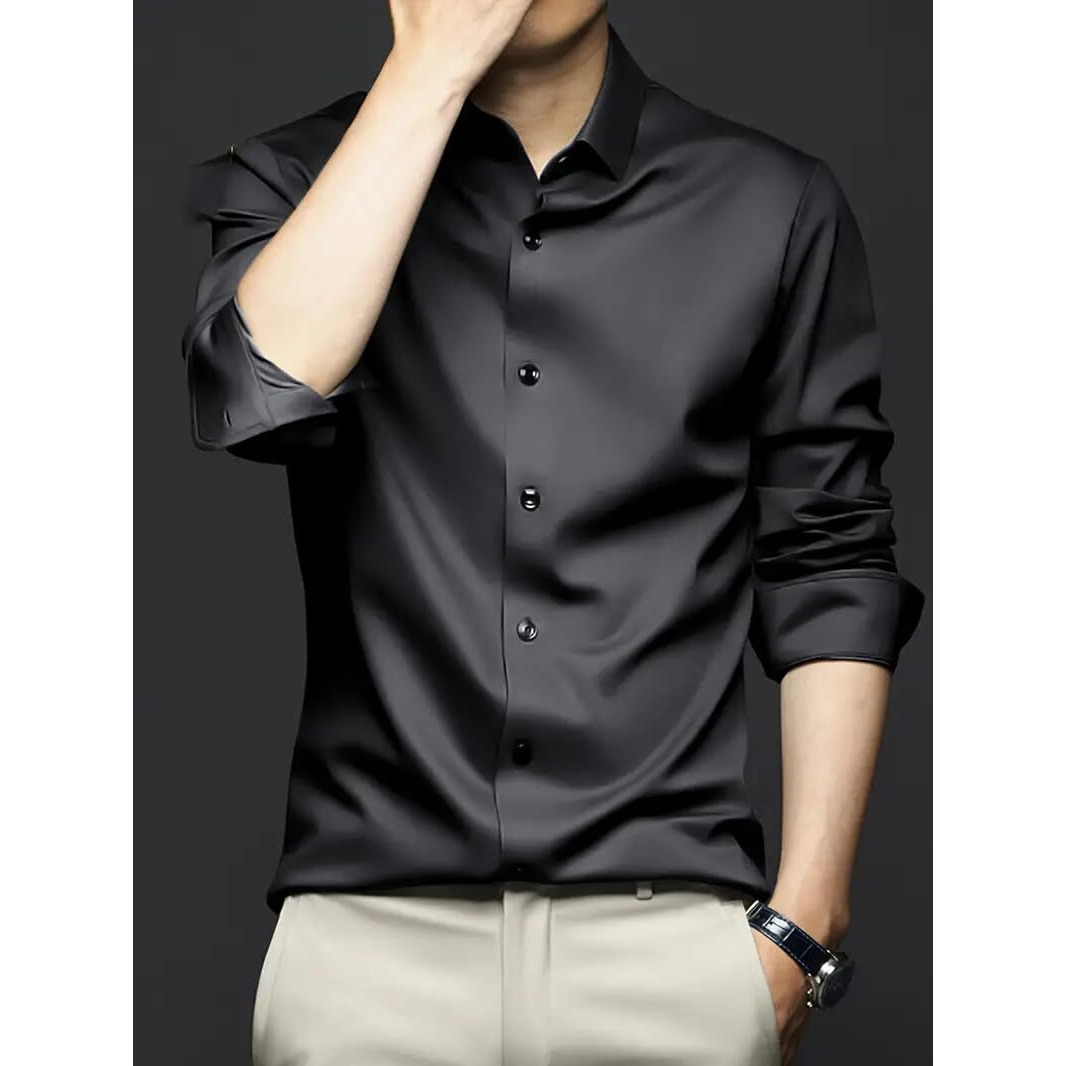 IndoPrimo Men's Stylish Solid Satin Casual Shirt for Men Full Sleeve (in, Alpha, M, Regular, Black)
