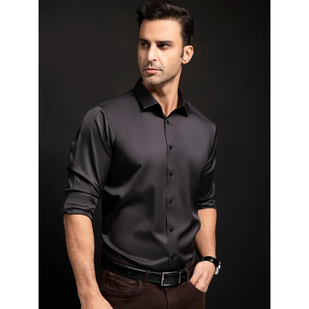 IndoPrimo Men's Stylish Solid Satin Casual Shirt for Men Full Sleeve (in, Alpha, M, Regular, Black)