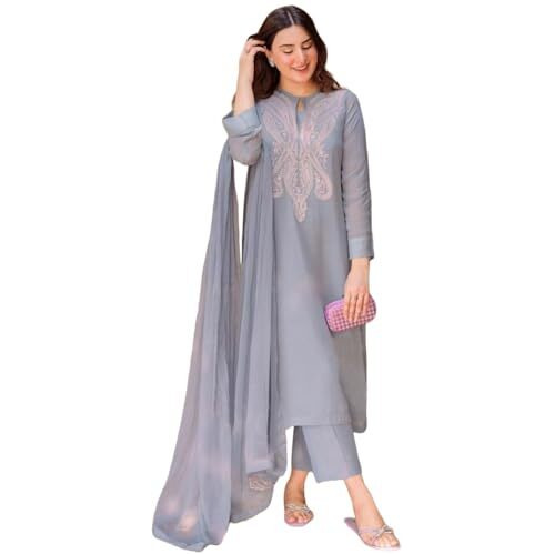 ANNI DESIGNER Women's Cotton Blend Embroidered Straight Kurta with Pant & Dupatta (Gudali Blue_XXL_Blue_XX-Large)