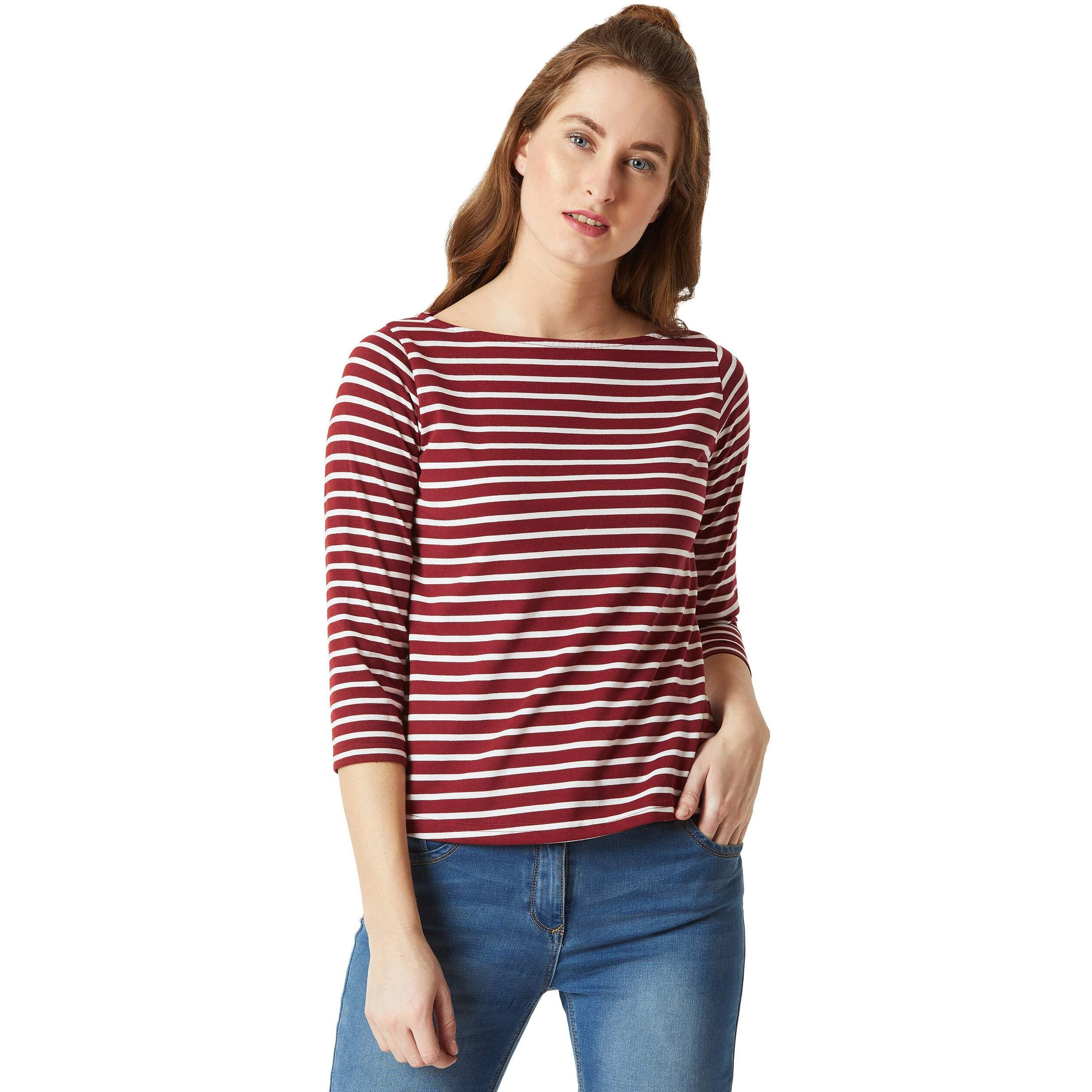 Miss Chase Women's Maroon & White Boat Neck 3/4th Sleeves Regular Basic Cotton Striped Top (MCAW18TP11-95-139-05, Maroon and White, Large)