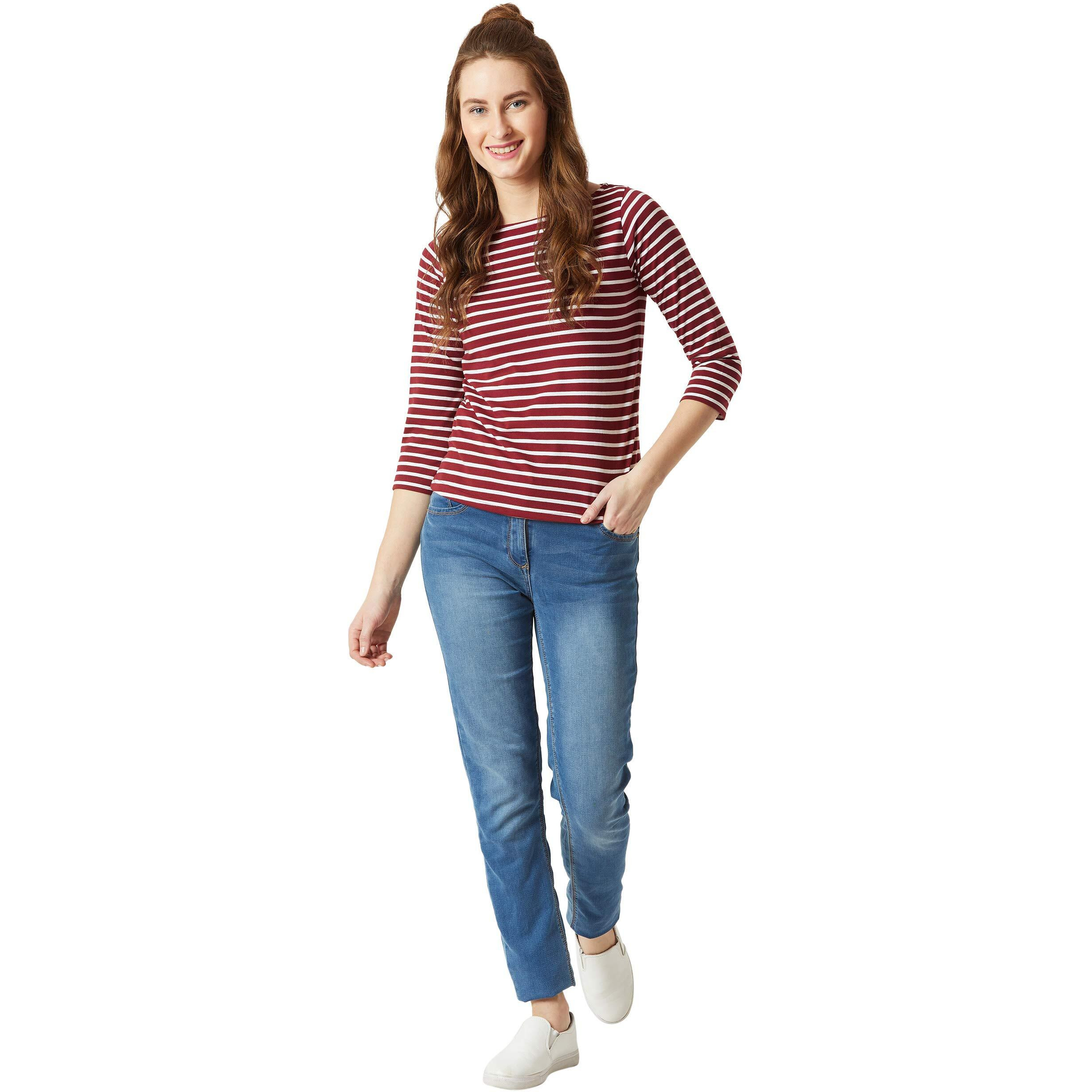 Miss Chase Women's Maroon & White Boat Neck 3/4th Sleeves Regular Basic Cotton Striped Top (MCAW18TP11-95-139-05, Maroon and White, Large)