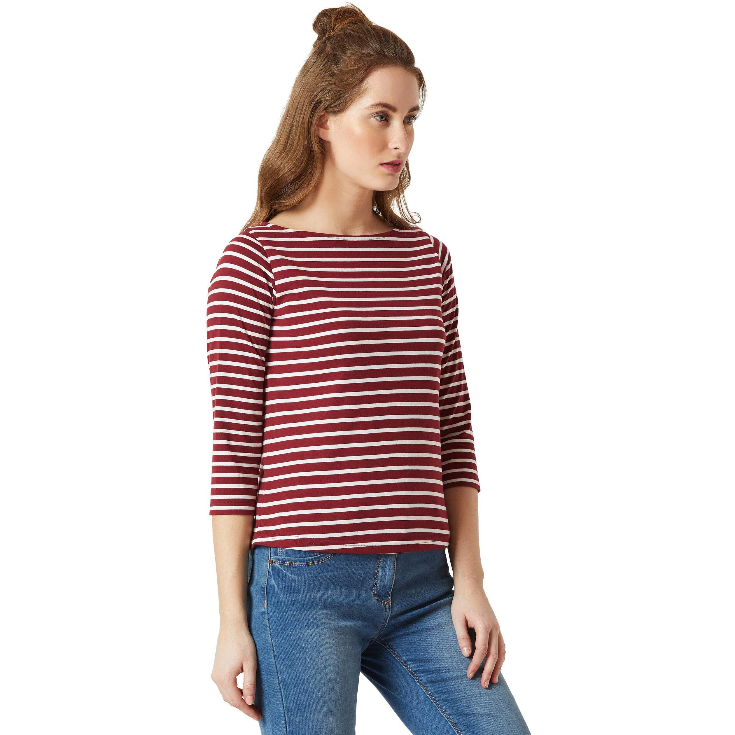 Miss Chase Women's Maroon & White Boat Neck 3/4th Sleeves Regular Basic Cotton Striped Top (MCAW18TP11-95-139-05, Maroon and White, Large)