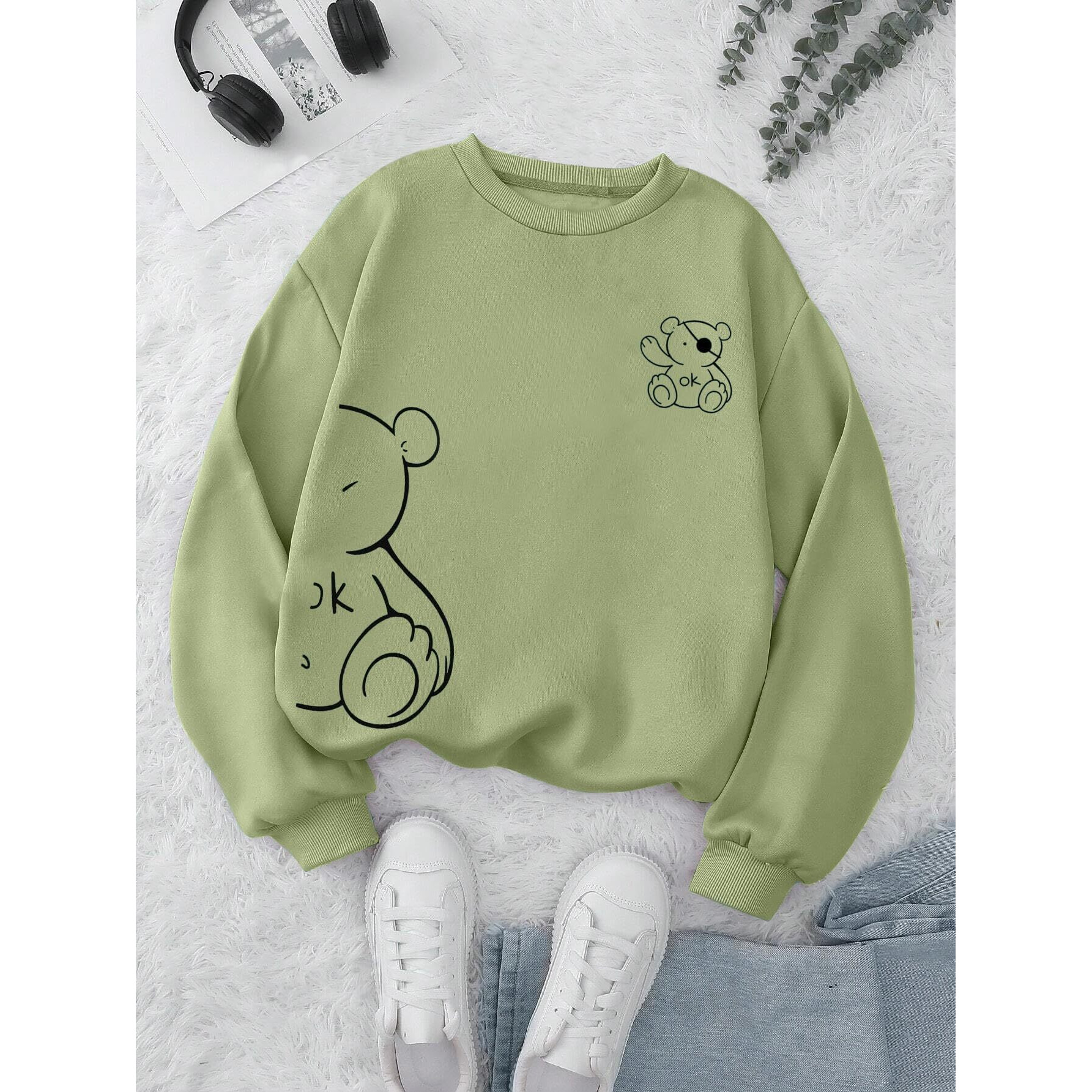 TAGAS Sweatshirt Fleece Material Full Sleeves || Jumper Women Winter Wear || Hooded Neck Regular Fit Long Sleeve ||Cartoon Graphic Thermal Lined Sweatshirt for Women (WSS-1) (Pista, Medium)