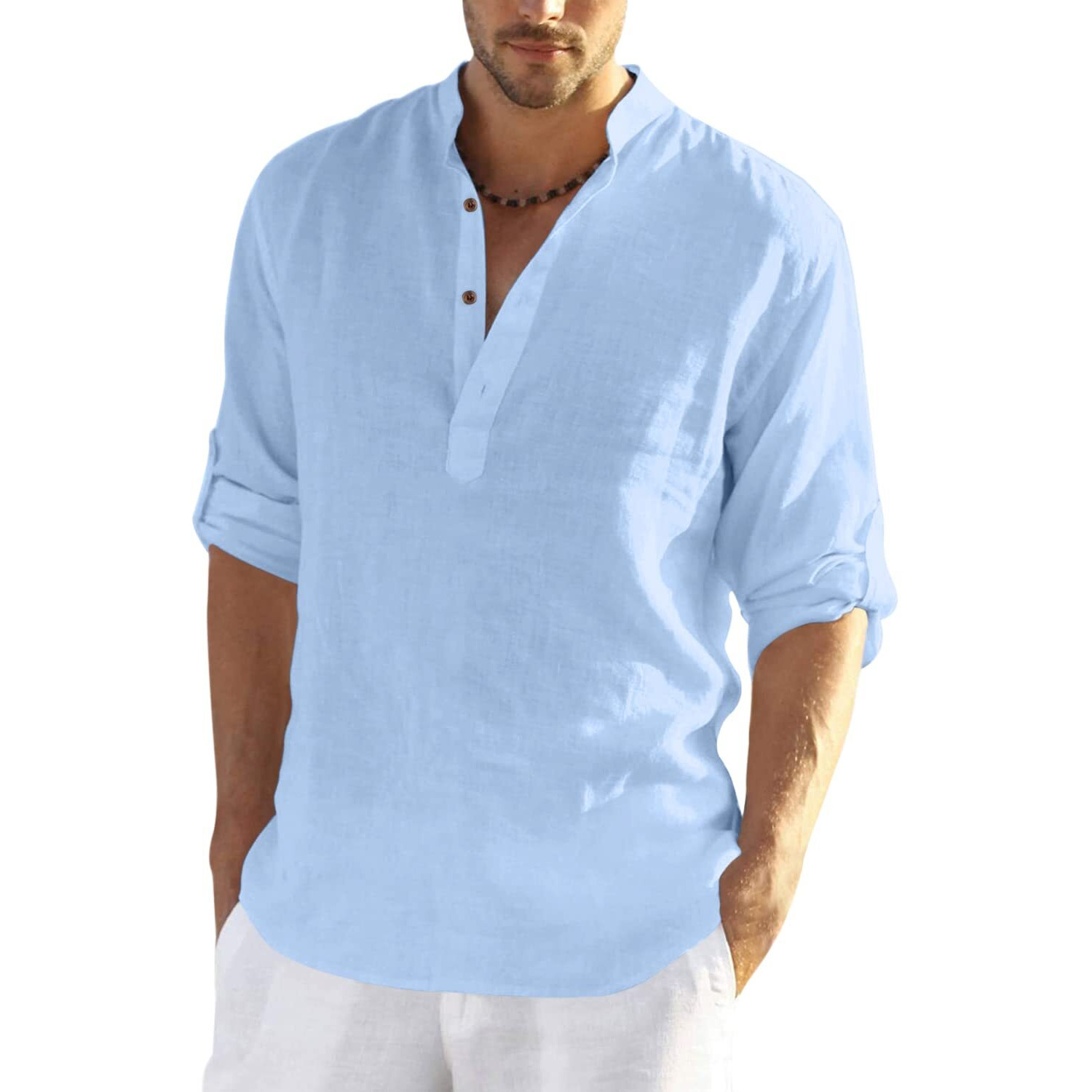 Zombom Men Solid Cotton Blend Full Sleeve Regular Fit Straight Kurta Shirt,Sky Blue, X-Large, Pack of 1