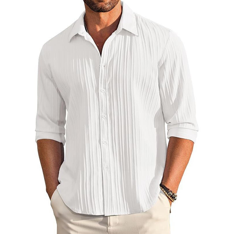 CB-COLEBROOK Men's Casual Button Down Shirts Long Sleeve Linen Shirt Fashion Textured Beach Summer Shirt (in, Alpha, S, Regular, White)