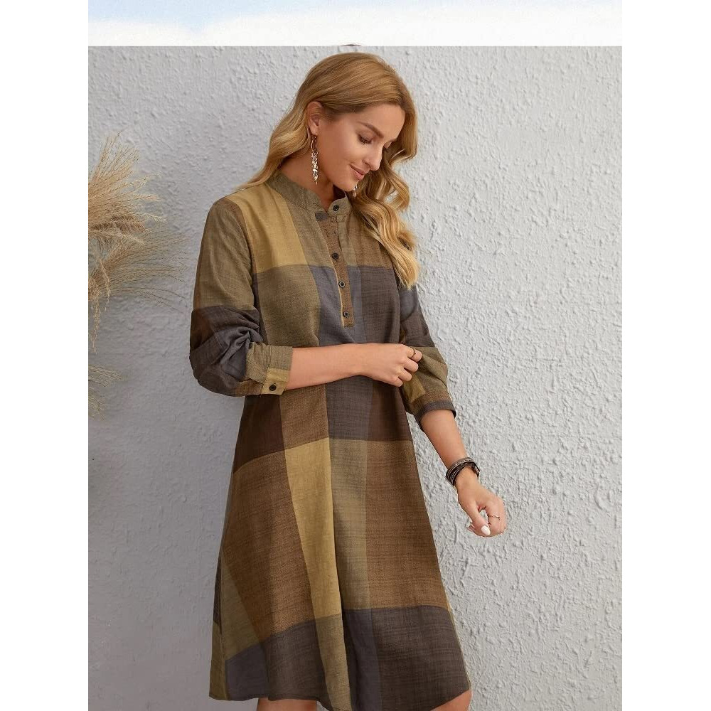 Leriya Fashion Western Dress || Rayon Color Block Half Button Front Dress for Women || Long Cuff Sleeve & Stand Collared Neck Tunic Dress || Office || Summer Dresses for Women. (Large, Mustard)