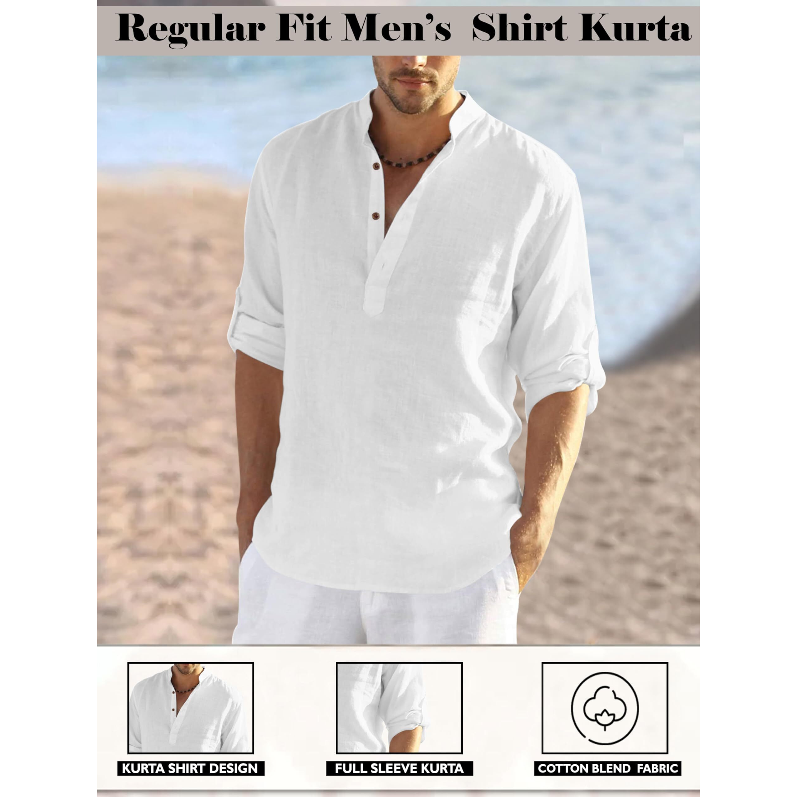 Zombom Men's Solid Cotton Blend Full Sleeve Regular Fit Straight Kurta Shirt, White, X-Large, Pack of 1