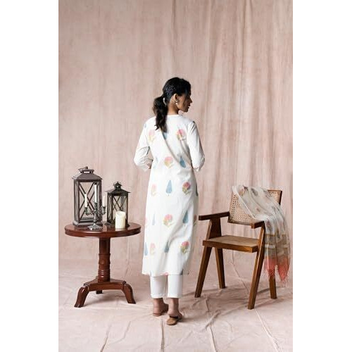 ANNI DESIGNER Women's Cotton Blend Straight Printed Kurta with Pant & Dupatta (Nairiti White_XXL_White_XX-Large)