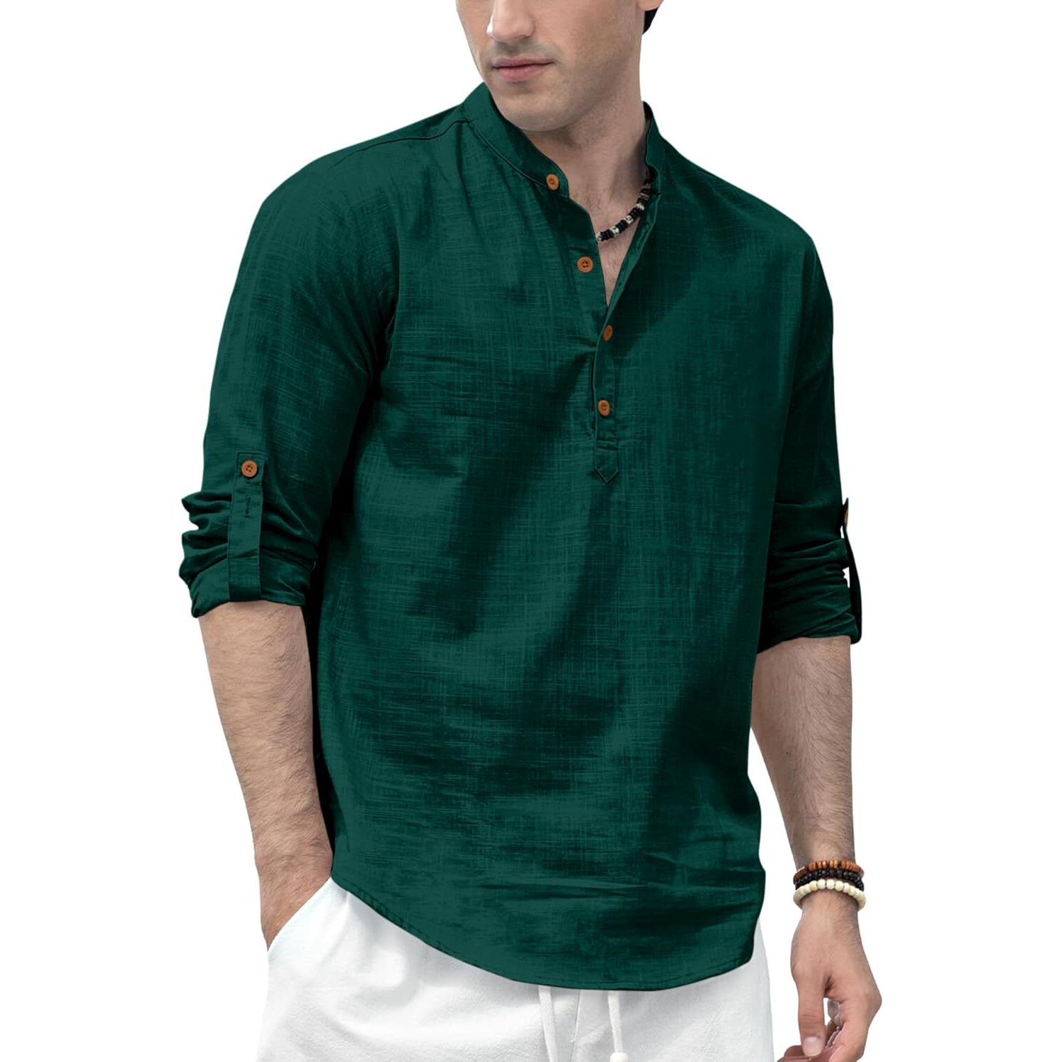 Zombom Men's Solid Cotton Blend Straight Kurta Shirt, Regular Fit Full Sleeve Short Kurta Shirt Green