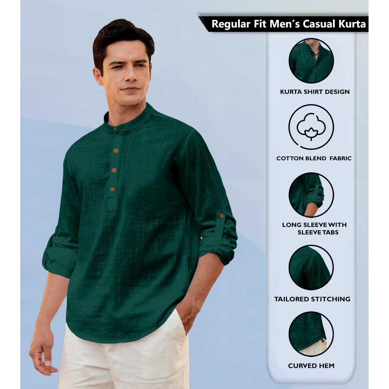 Zombom Men's Solid Cotton Blend Straight Kurta Shirt, Regular Fit Full Sleeve Short Kurta Shirt Green