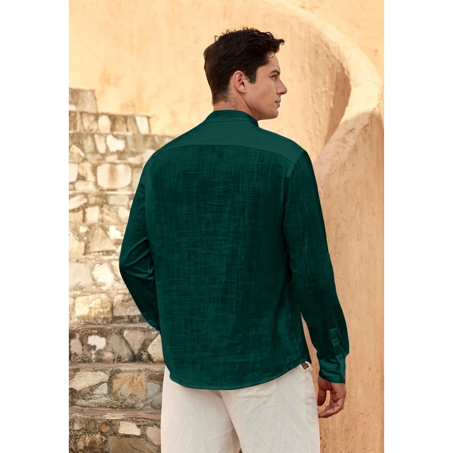 Zombom Men's Solid Cotton Blend Straight Kurta Shirt, Regular Fit Full Sleeve Short Kurta Shirt Green