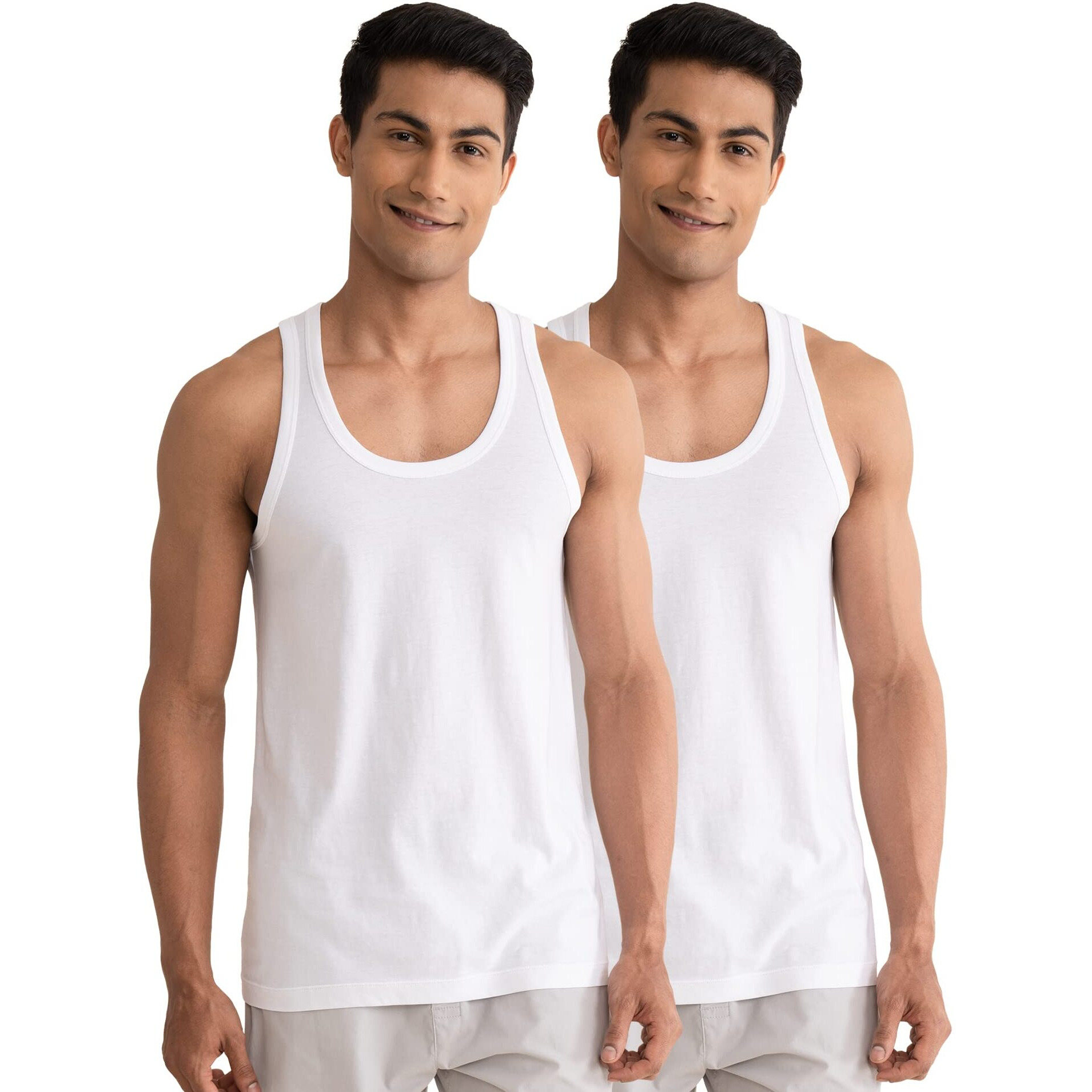 DAMENSCH Men's Neo-Cotton Ribbed Round Neck Vest- Pack of 2- Cotton White- Medium