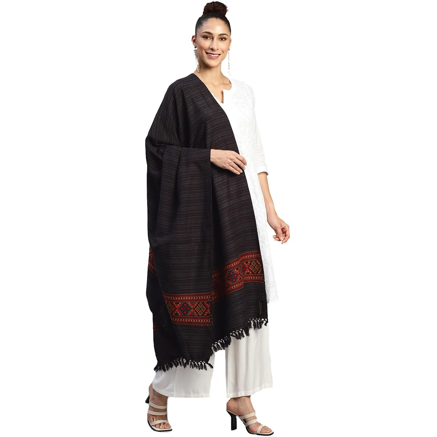 Weavers Villa Women's Cashmere Kullu Design Woven Shawl (SH-400, Black), 100cm X 200cm